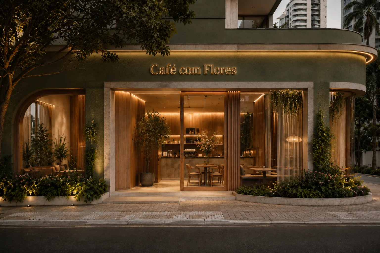 Fachada noturna do Café com Flores, com vegetação e iluminação acolhedora