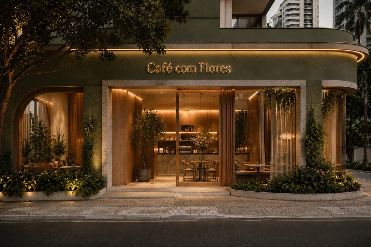 Fachada noturna do Café com Flores, com vegetação e iluminação acolhedora