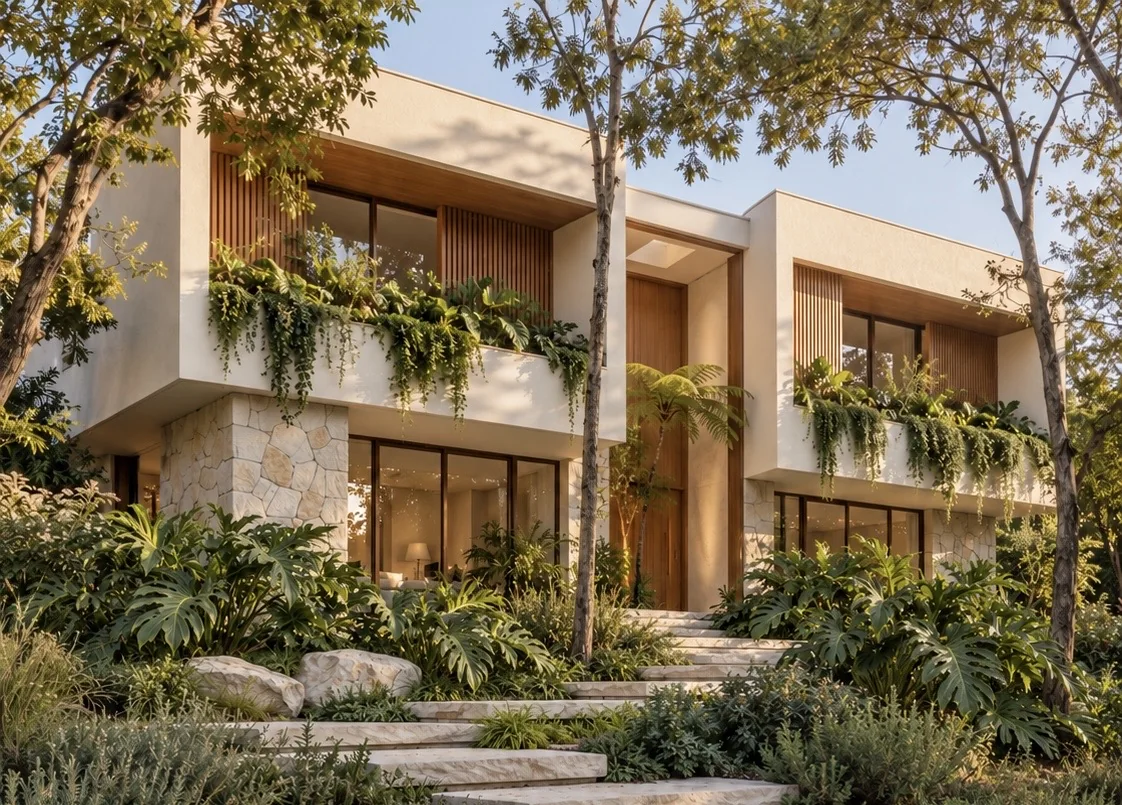 Fachada da Casa Pátio Aven entre árvores, caminhos e vegetação nas varandas
