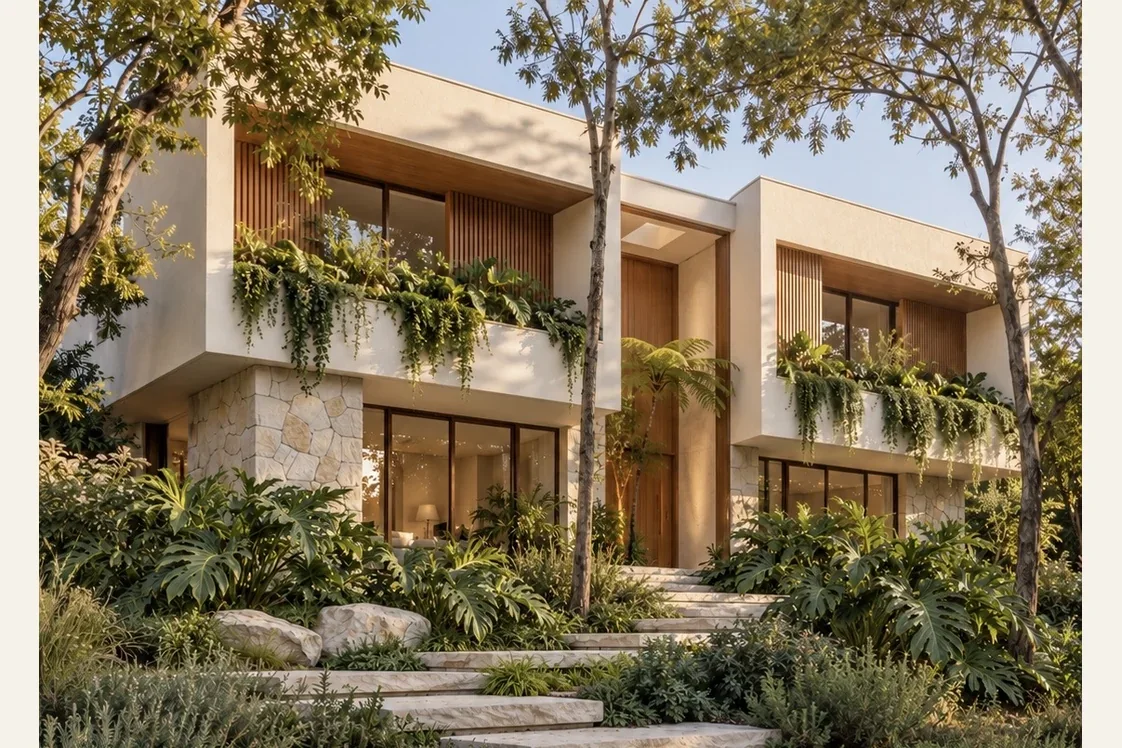Fachada da Casa Pátio Aven entre árvores, caminhos e vegetação nas varandas