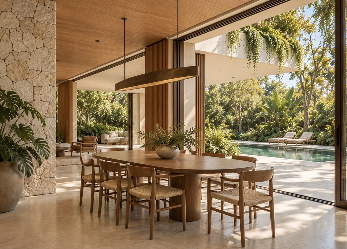 Mesa de jantar diante de amplas aberturas para a piscina e o jardim