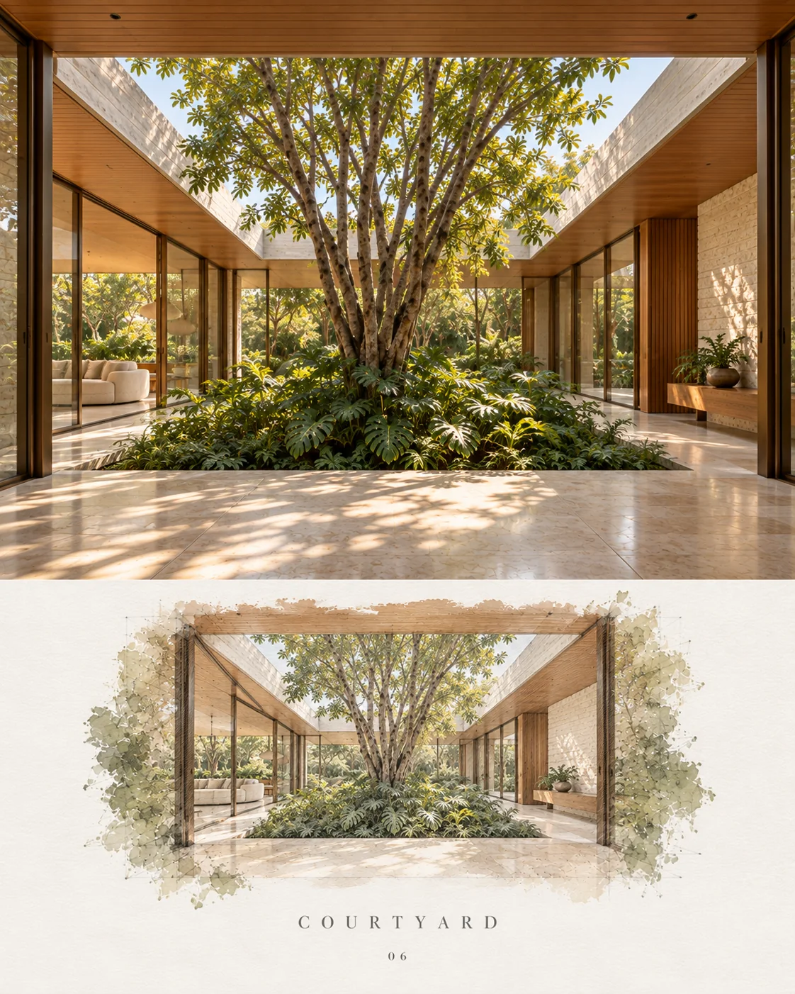 Pátio arborizado entre galerias com amplas aberturas