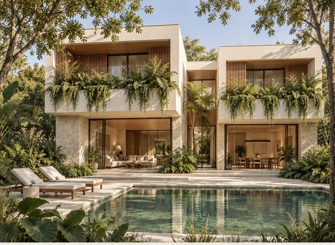 Piscina diante da residência, cercada por árvores e vegetação nas varandas