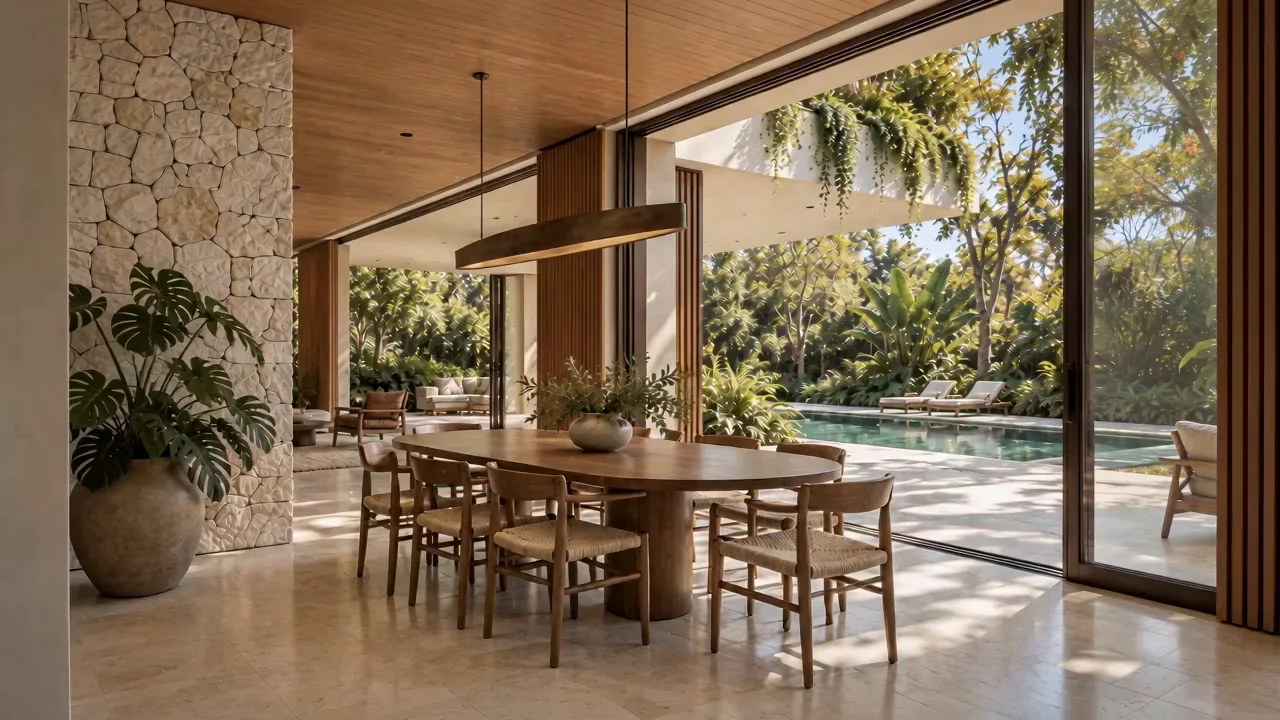 Sala de jantar da Casa Pátio Aven voltada para o jardim