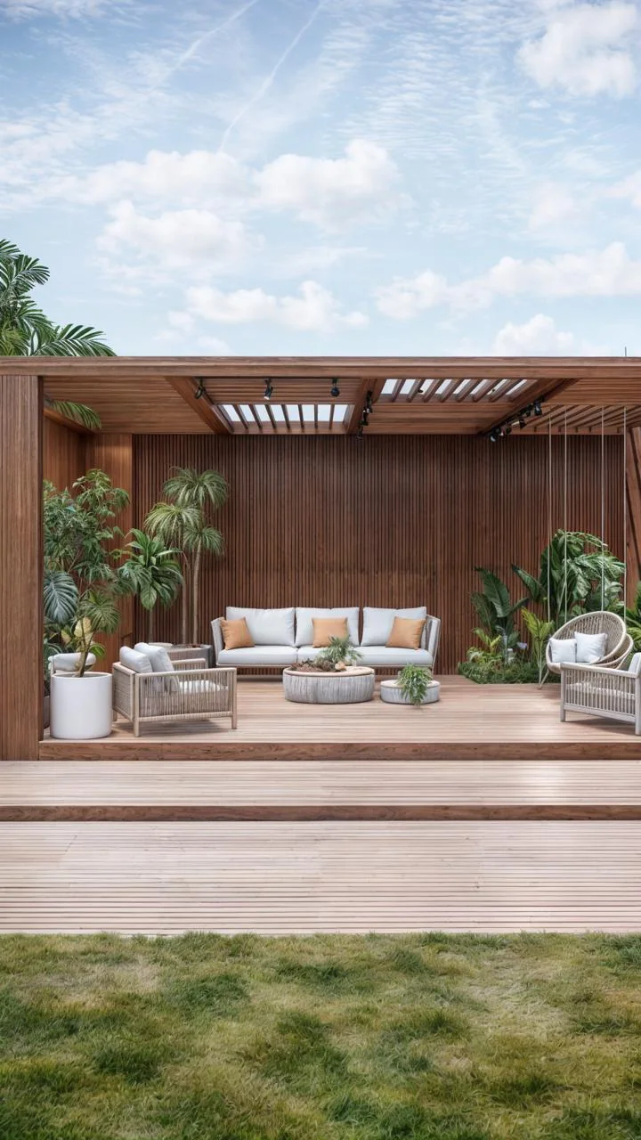 Vista do jardim para o pergolado com deck e área de convivência