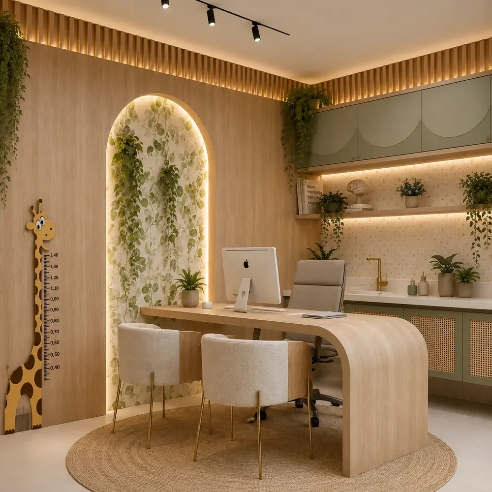 Ambiente da clínica com mesa, assento curvo, nichos e vegetação