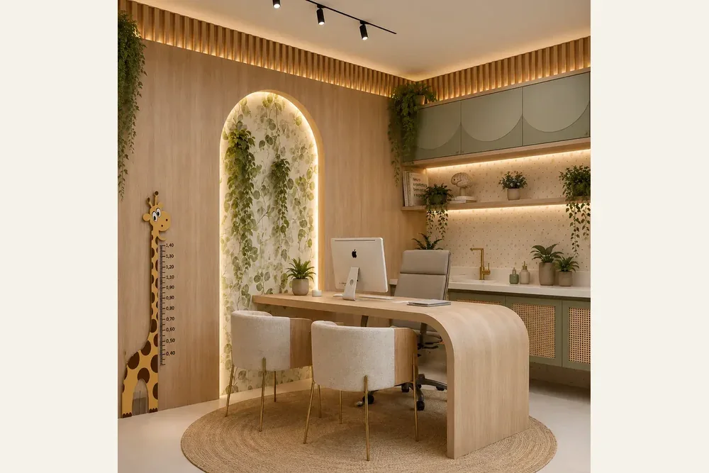 Ambiente da clínica com mesa, assento curvo, nichos e vegetação