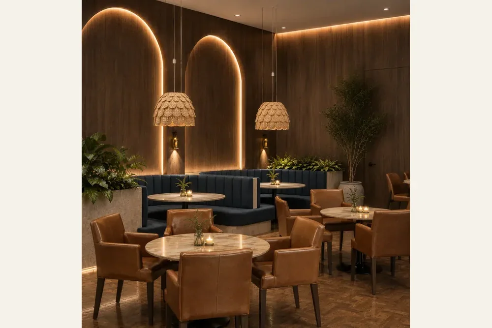 Restaurante com poltronas, mesas e iluminação acolhedora