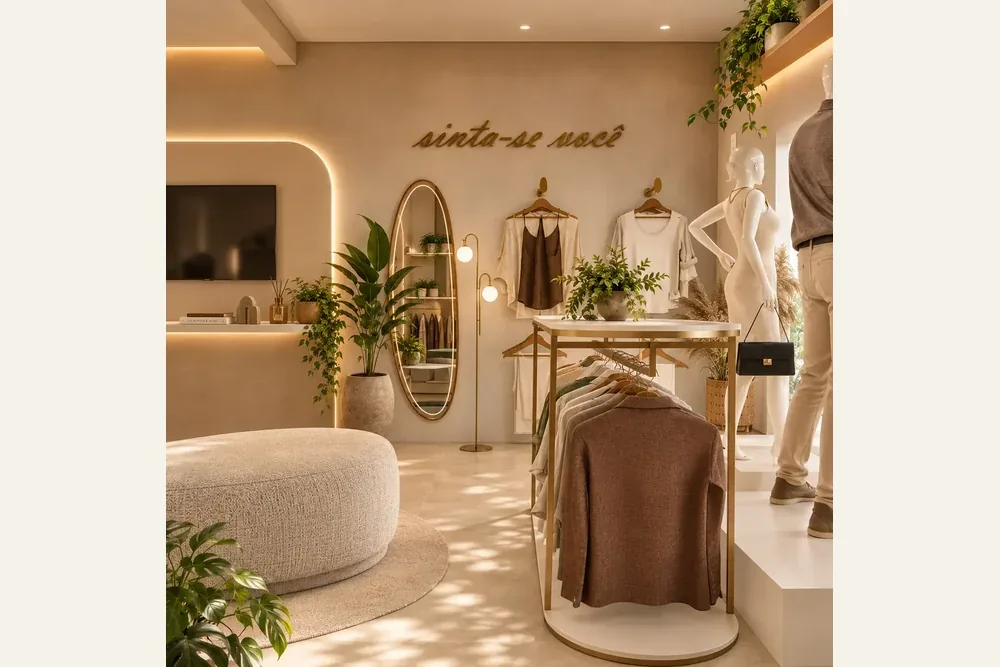 Interior comercial com araras, arcos e iluminação indireta