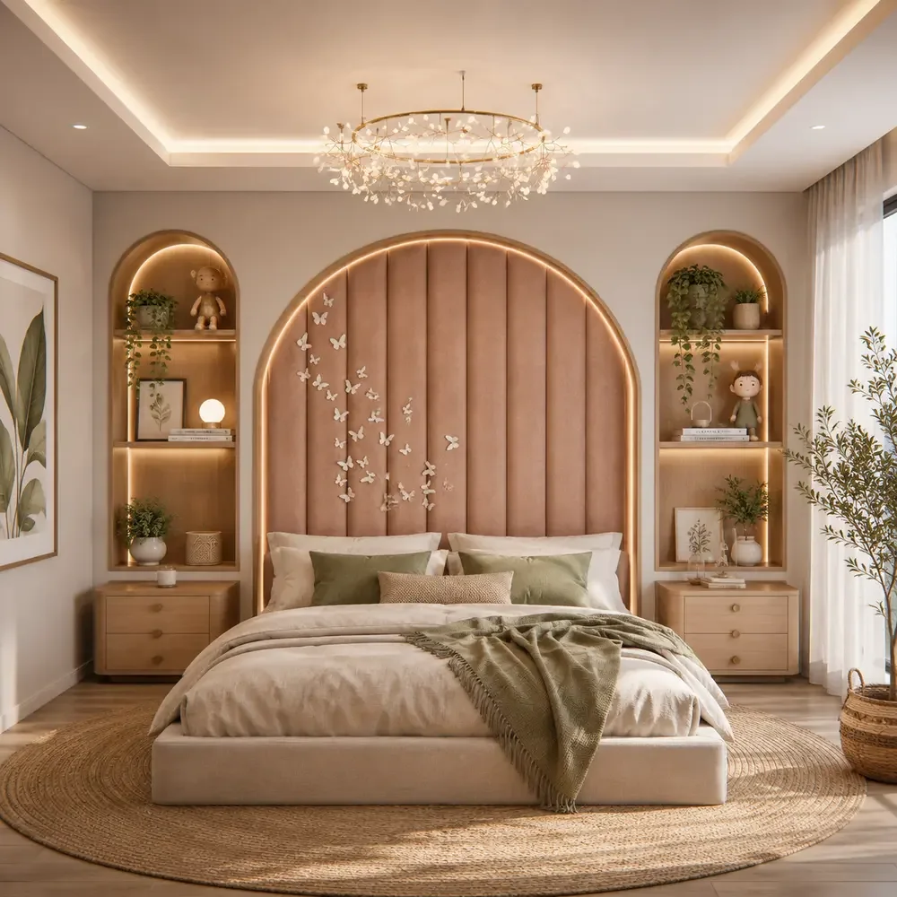 Quarto Sophia com cama, cabeceira em arco e mobiliário claro