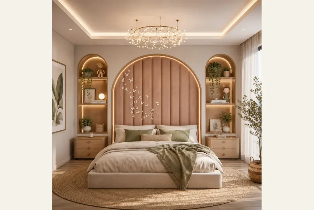 Quarto Sophia com cama, cabeceira em arco e mobiliário claro