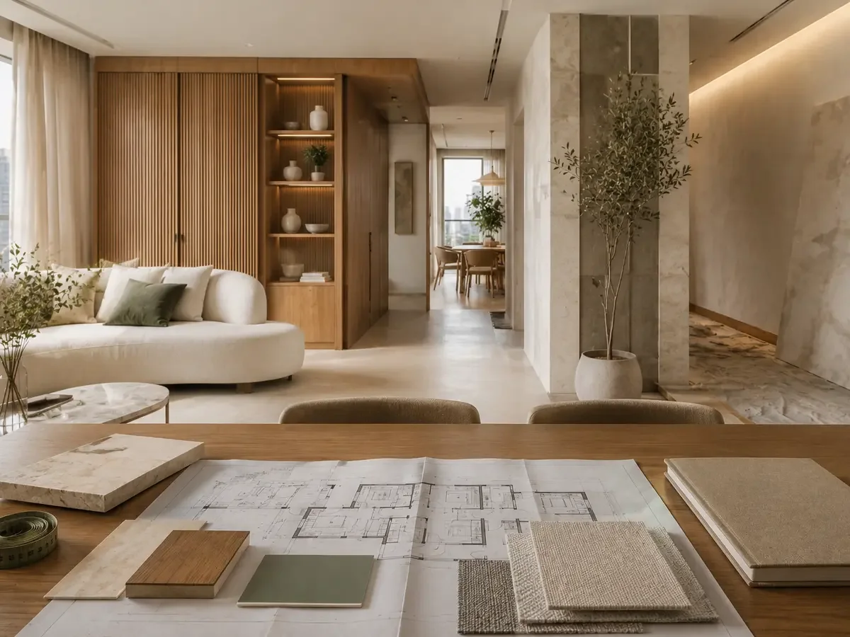 Interior com sofá, plantas e desenhos de projeto sobre uma mesa