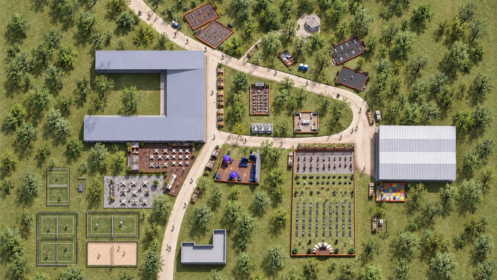 Vista superior da implantação do festival, com pavilhões e caminhos entre jardins