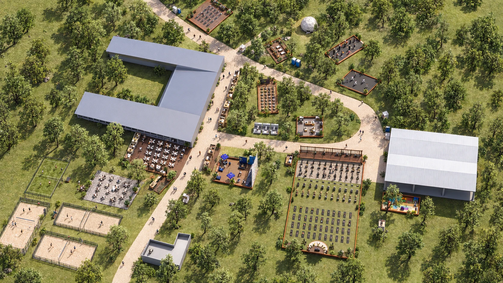Vista aérea do festival com percursos curvos, jardins e pavilhões