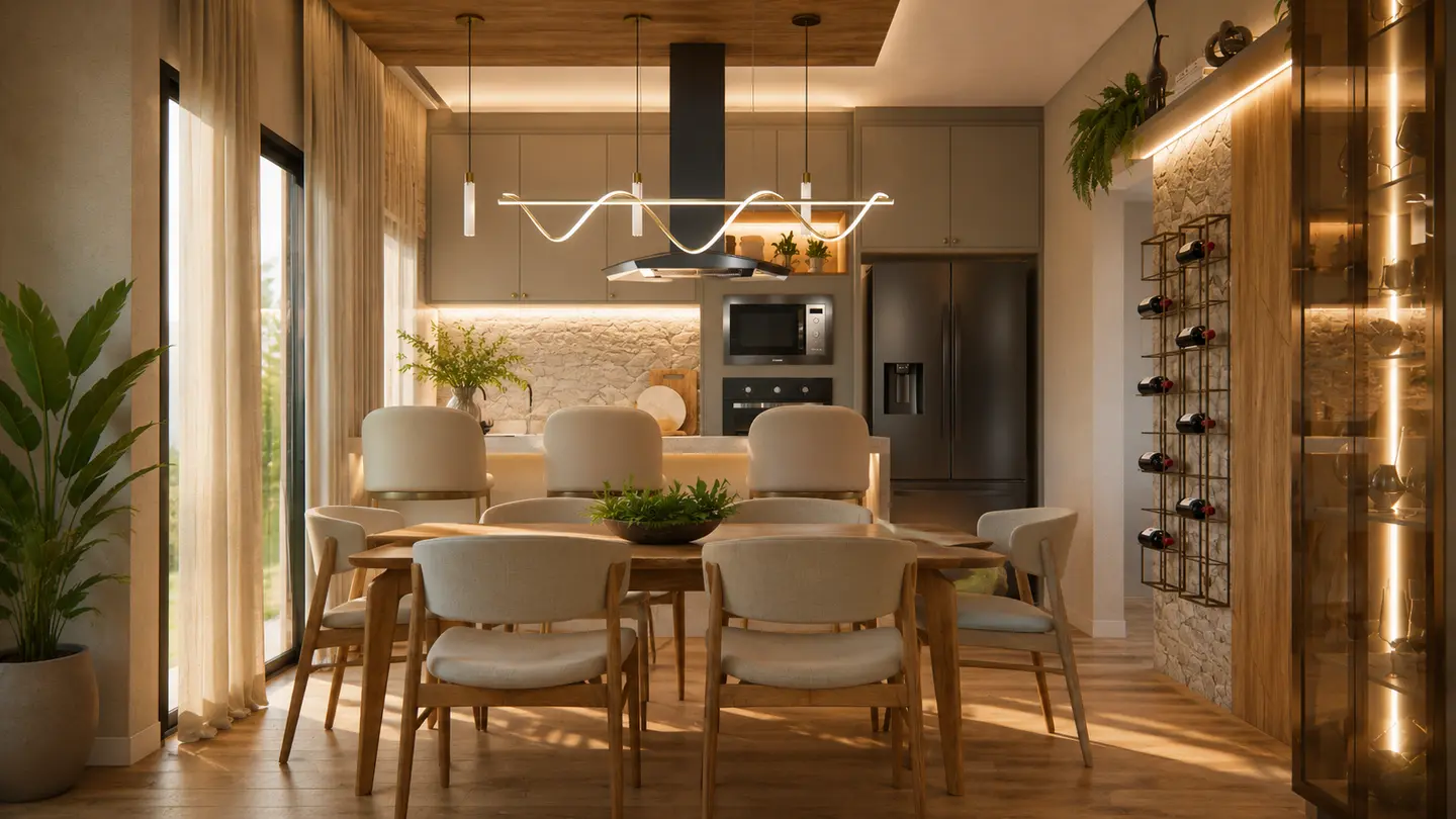Interior contemporâneo com integração entre arquitetura e natureza