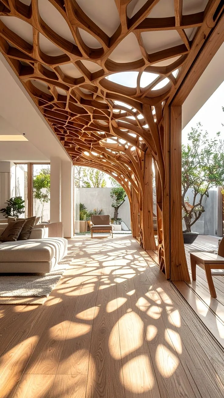 Ambiente com luz natural, estrutura ramificada e vegetação junto às aberturas