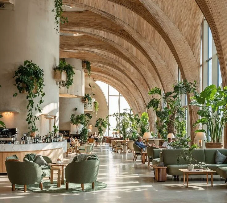 Espaço de convivência com arcos, mesas, poltronas e vegetação